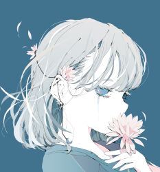 Rule 34 | 1girl, absurdres, blue background, blue eyes, blue shirt, choppy bangs, covering own mouth, crying, crying with eyes open, earrings, falling petals, flower, from side, grey hair, hair flower, hair ornament, highres, holding, holding flower, jewelry, long bangs, looking at viewer, medium hair, no pupils, nocopyrightgirl, original, pale skin, petals, pink flower, portrait, shirt, simple background, solo, tears