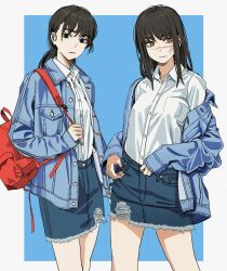 Rule 34 | 2girls, absurdres, backpack, bag, black hair, chainsaw man, cutoffs, denim, denim jacket, denim skirt, dual persona, highres, holding, holding bag, jacket, jacket partially removed, looking at viewer, mitaka asa, multiple girls, ponytail, ringed eyes, scar, scar on face, shiren (ourboy83), shirt, shirt tucked in, simple background, skirt, two-tone background, white shirt, yoru (chainsaw man)