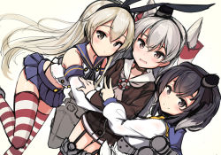 Rule 34 | 3girls, :d, absurdres, amatsukaze (kancolle), black hair, black hairband, black neckerchief, black panties, black ribbon, blouse, blue sailor collar, blue skirt, breasts, brown dress, brown eyes, closed mouth, commentary request, crop top, dress, elbow gloves, girl sandwich, gloves, gradient hair, hair between eyes, hair ribbon, hair tubes, hairband, hat, highleg, highleg panties, highres, j young, kantai collection, lifebuoy, long hair, midriff, mini hat, miniskirt, multicolored hair, multiple girls, navel, neckerchief, open mouth, panties, pleated skirt, ribbon, sailor collar, sailor dress, sandwiched, school uniform, see-through, serafuku, shimakaze (kancolle), shirt, short dress, silver hair, simple background, skirt, sleeveless, sleeveless shirt, small breasts, smile, smokestack, standing, standing on one leg, striped clothes, striped legwear, striped thighhighs, swim ring, thick eyebrows, thighhighs, tokitsukaze (kancolle), two side up, underwear, v, very long hair, white background, white dress, white gloves, white sailor collar, white shirt