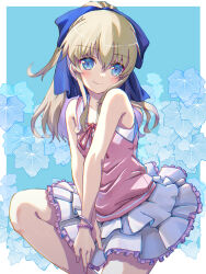 Rule 34 | 1girl, akayama yukihe, bare shoulders, bead bracelet, beads, blue background, blue bow, blue eyes, blue flower, blush, border, bow, bracelet, casual, charlotte (anime), closed mouth, commentary, cowboy shot, eyes visible through hair, floral background, flower, frilled skirt, frills, hair between eyes, hair bow, highres, jewelry, knee up, light brown hair, long hair, looking at viewer, miniskirt, official alternate costume, official alternate hairstyle, pink shirt, pleated skirt, ponytail, red ribbon, ribbon, shirt, sidelocks, simple background, sitting, skirt, sleeveless, sleeveless shirt, solo, split mouth, tomori nao, v arms, white border, white skirt