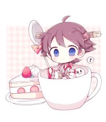 Rule 34 | 10s, 1girl, bad id, bad pixiv id, blue eyes, brown hair, cake, cake slice, cup, food, fruit, hairband, hiei (kancolle), japanese clothes, kantai collection, kyou (nekoneko), mini person, minigirl, miss cloud, musical note, nontraditional miko, quaver, short hair, smile, spoken musical note, spoon, strawberry, strawberry shortcake
