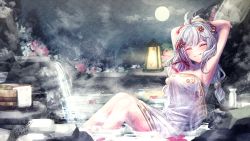 Rule 34 | 1girl, arms behind head, bathing, closed mouth, closed eyes, ittokyu, moon, night, onsen, sitting, solo, water
