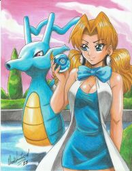 Rule 34 | 1girl, 2018, artist name, bare arms, bare shoulders, blonde hair, blue dress, blue eyes, breasts, cleavage, coat, cowboy shot, creatures (company), dive ball, dress, earrings, eyeshadow, fish, game freak, gen 2 pokemon, grass, jewelry, kingdra, large breasts, long hair, looking to the side, makeup, molly hale, nintendo, outdoors, pink eyes, pink sky, poke ball, pokemon, pokemon (anime), pokemon (classic anime), pokemon (creature), pokemon 3: the movie - spell of the unown: entei, ravernclouk design, ribbon trim, seahorse, sky, sleeveless, standing, traditional media, tree, twintails, water, white coat