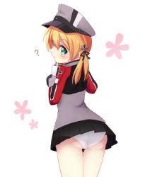 Rule 34 | 10s, 1girl, ?, anchor hair ornament, ass, black thighhighs, blonde hair, blush, cross, from behind, gloves, green eyes, grey background, hair ornament, hat, iron cross, kantai collection, long sleeves, looking at viewer, looking back, low twintails, microskirt, military, military uniform, panties, peaked cap, pleated skirt, prinz eugen (kancolle), skirt, solo, thigh gap, thighhighs, tproject09, twintails, underwear, uniform, white background, white gloves, white panties