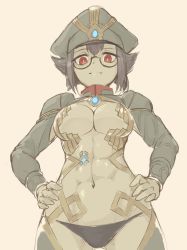 Rule 34 | 1girl, abs, areola slip, boots, breasts, colored skin, fire, glasses, green skin, highres, large breasts, military, military uniform, muscular, namicha, newt (xenoblade), nintendo, revealing clothes, short hair, solo, thigh boots, thighhighs, uniform, xenoblade chronicles (series), xenoblade chronicles 2