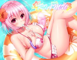 Rule 34 | 1girl, absurdres, ahoge, bare shoulders, bikini, blue hair, blush, bracelet, breasts, character name, cleavage, closed mouth, collar, collarbone, cup, day, drinking straw, floating, floral print, flower, food, frilled bikini, frills, hair flower, hair intakes, hair ornament, halterneck, heart, heart-shaped lock, hibiscus, highres, holding, holding cup, holding drinking straw, idolmaster, idolmaster cinderella girls, innertube, jewelry, large breasts, looking at viewer, multicolored hair, navel, outdoors, pink collar, pink eyes, pink hair, print bikini, red flower, ring, shaved ice, short hair, side-tie bikini bottom, solo, swim ring, swimsuit, two-tone hair, water, yumemi riamu, yunagi amane