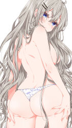 Rule 34 | 1girl, absurdres, ass, ass grab, blue eyes, blush, breasts, commentary request, cowboy shot, from behind, frown, grabbing own ass, hair down, hair ornament, hairclip, hands on own ass, highres, kizuna akari, large breasts, long hair, looking at viewer, looking back, panties, simple background, solo, standing, thighhighs, topless, underwear, underwear only, very long hair, vocaloid, voiceroid, white background, white panties, yamada sakura