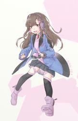 Rule 34 | ankle boots, artist name, black cola, black skirt, black thighhighs, blue jacket, boots, brown eyes, brown hair, choker, d.va (overwatch), facepaint, facial mark, full body, gem, gun, hair ornament, hairclip, handgun, highres, holding, holding weapon, jacket, legs apart, long hair, long sleeves, looking at viewer, miniskirt, open clothes, open jacket, open mouth, overwatch, overwatch 1, pink footwear, pink shirt, pleated skirt, rabbit hair ornament, shirt, skirt, sleeves past wrists, thigh strap, thighhighs, weapon, whisker markings