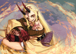 Rule 34 | 1girl, akaiyou, bare shoulders, blonde hair, claws, fang, fate/grand order, fate (series), feet, female focus, fire, fire, floral pattern, horns, ibaraki douji (fate), japanese clothes, kimono, legs, long hair, looking at viewer, monster girl, off shoulder, oni, oni horns, pointy ears, short kimono, slit pupils, solo, tattoo, thighs, toes, wide sleeves, yellow eyes, yellow kimono