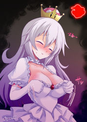 Rule 34 | 1girl, blush, breasts, brooch, cleavage, closed eyes, closed mouth, collarbone, crown, detached collar, dress, fang, frilled dress, frilled sleeves, frills, gloves, hair between eyes, highres, jewelry, large breasts, lips, long hair, luigi&#039;s mansion, mario (series), new super mario bros. u deluxe, nintendo, princess king boo, short sleeves, silver hair, smile, super crown, twitter username, upper body, white dress, white gloves, yamu (reverse noise)