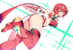 Rule 34 | 1girl, absurdres, ass, bare shoulders, blush, breasts, daive, dress, earrings, gloves, highres, jewelry, large breasts, looking at viewer, pyra (xenoblade), red eyes, red hair, red shorts, short dress, short hair, short shorts, shorts, solo, swept bangs, thighs, tiara, xenoblade chronicles (series), xenoblade chronicles 2