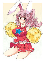 Rule 34 | 1girl, animal ears, blush, breasts, rabbit ears, cheerleader, cleavage, contemporary, female focus, impossible clothes, impossible shirt, kanatsu, long hair, midriff, pink eyes, pink hair, pom pom (cheerleading), ponytail, reisen udongein inaba, shirt, solo, tank top, touhou
