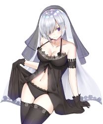 Rule 34 | &gt;:), 1girl, absurdres, babydoll, babydoll lift, bare shoulders, black gloves, black panties, black ribbon, black thighhighs, blush, breasts, cleavage, collarbone, cowboy shot, floral print, gloves, hair over one eye, highres, kanikou, large breasts, long hair, looking at viewer, mole, mole on breast, mole under mouth, navel, original, panties, purple eyes, ribbon, simple background, solo, standing, stomach, straight hair, thighhighs, underwear, underwear only, v-shaped eyebrows, veil, very long hair, white background