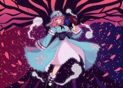 Rule 34 | 1girl, absurdres, black footwear, blush, breasts, bug, butterfly, cherry blossoms, dress, hand fan, hat, henemimi, highres, hitodama, insect, japanese clothes, large breasts, long hair, long sleeves, looking at viewer, medium hair, mob cap, obi, petals, pink eyes, pink hair, ribbon, saigyou ayakashi, saigyouji yuyuko, saigyouji yuyuko&#039;s fan design, sash, short hair, smile, socks, solo, touhou, triangular headpiece, underbust, very long hair, white socks, wide sleeves