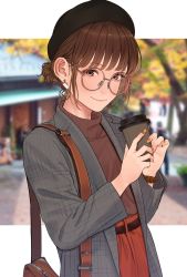 Rule 34 | 1girl, autumn, bag, beret, blurry, blush, brown hair, cup, depth of field, earrings, glasses, hair bun, handbag, hat, highres, holding, holding cup, jacket, jewelry, looking at viewer, mole, mole under eye, original, outside border, photo background, plaid, plaid jacket, round eyewear, saitou (lynx-shrike), single hair bun, smile, striped clothes, striped sweater, sweater, thighhighs, tumbler, upper body, watch, wristwatch