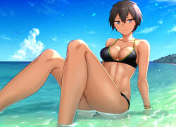Rule 34 | 1girl, abs, arm support, beach, bikini, black bikini, black hair, blue eyes, breasts, cleavage, closed mouth, cloud, collarbone, commentary request, cumulonimbus cloud, dark-skinned female, dark skin, feet out of frame, hashi, legs, looking at viewer, medium breasts, original, outdoors, short bangs, short hair, sitting, smile, solo, swimsuit, tan, thighs, tomboy, toned female, wristband