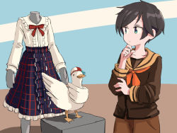 Rule 34 | 1girl, bird, black hair, blouse, blue skirt, brown sailor collar, brown serafuku, brown shirt, brown shorts, commentary, cowboy shot, crossover, duck, english commentary, frilled shirt, frills, green eyes, hololive, kantai collection, long sleeves, look-alike, mannequin, mogami (kancolle), mogami kai ni (kancolle), multicolored background, one-hour drawing challenge, orange neckwear, plaid, plaid skirt, sailor collar, school uniform, serafuku, shirt, short hair, shorts, sixten, skirt, standing, subaru duck, swept bangs, trait connection, virtual youtuber, white shirt