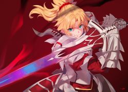 Rule 34 | 1girl, armor, armored dress, blonde hair, braid, clarent (fate), commentary request, cowboy shot, fate/grand order, fate (series), faulds, french braid, gauntlets, green eyes, hair ornament, hair scrunchie, holding, holding weapon, mordred (fate), mordred (fate/apocrypha), ponytail, red background, red scrunchie, scrunchie, smile, solo, weapon, yd (orange maru)