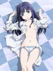 Rule 34 | 1girl, arms up, bed sheet, blue eyes, blue hair, blue panties, breasts, closed mouth, collarbone, dark blue hair, feet out of frame, hair in own mouth, highres, lace, lace panties, long hair, looking at viewer, lying, marutaya, navel, on back, on bed, open clothes, open shirt, panties, ribs, shirt, skinny, small breasts, solo, stomach, tsurumi rumi, underwear, white shirt, yahari ore no seishun lovecome wa machigatteiru.