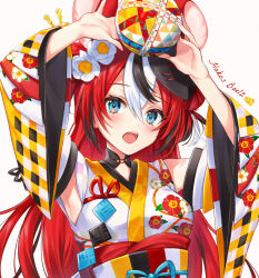 Rule 34 | 1girl, animal ears, armpits, arms up, ball, black hair, blue eyes, character name, detached sleeves, flower, hair between eyes, hair flower, hair ornament, hakos baelz, holding, holding ball, hololive, hololive english, japanese clothes, kimono, long hair, looking at viewer, mask, mask on head, mouse ears, multicolored hair, obi, open mouth, red hair, sash, sharp teeth, shiao, simple background, solo, teeth, upper body, upper teeth only, virtual youtuber, white background, white hair