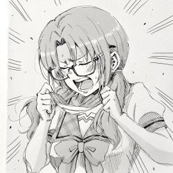 Rule 34 | 1girl, black-framed eyewear, blush, breasts, closed eyes, collared shirt, confused, emphasis lines, eyelashes, glasses, greyscale, hair tie, highres, holding, idolmaster, idolmaster million live!, idolmaster million live! theater days, large breasts, long hair, low twintails, mask, matcha kingyo, monochrome, mouth mask, open mouth, parted bangs, school uniform, shirt, short sleeves, sidelocks, solo, sweat, takayama sayoko, teeth, twintails, upper body, v-shaped eyebrows