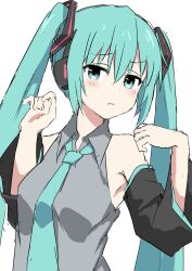 Rule 34 | 1girl, aqua eyes, aqua hair, aqua necktie, armpit crease, as buppa, bare shoulders, black sleeves, breasts, closed mouth, collared shirt, curled fingers, detached sleeves, frown, furrowed brow, hair between eyes, hair ornament, hands up, hashtag-only commentary, hatsune miku, headphones, highres, long bangs, long hair, looking at viewer, necktie, shirt, sidelocks, sideways glance, simple background, sleeveless, sleeveless shirt, solo, twintails, upper body, very long hair, vocaloid, white background