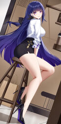 Rule 34 | 1girl, absurdres, bag, black footwear, black skirt, blue eyes, breasts, chinese commentary, closed mouth, commentary request, from side, full body, high heels, highres, honkai (series), honkai impact 3rd, indoors, large breasts, legs, long hair, long legs, long sleeves, looking at viewer, looking to the side, purple hair, raiden mei, raiden mei (apho), revision, shirt, shirt tucked in, sitting, skirt, smile, solo, stool, thighs, white shirt, wu ganlan cai