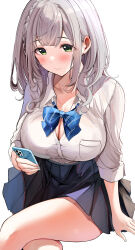 Rule 34 | 1girl, absurdres, black skirt, blue bow, blue bowtie, blush, bow, bowtie, braid, breasts, cellphone, cleavage, closed mouth, collared shirt, commentary request, crossed legs, green eyes, grey hair, highres, holding, holding phone, hololive, invisible chair, large breasts, long sleeves, looking at phone, medium hair, phone, pleated skirt, sak (lemondisk), shirogane noel, shirogane noel (school uniform), shirt, simple background, sitting, skirt, smartphone, smile, solo, virtual youtuber, wavy hair, white background, white shirt