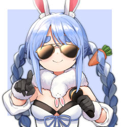 Rule 34 | 1girl, absurdres, animal ear fluff, animal ears, aviator sunglasses, bad id, bad pixiv id, benjamin4679, black gloves, blue hair, blue ribbon, bow, braid, breasts, brown-tinted eyewear, carrot hair ornament, cleavage, closed mouth, commentary, detached sleeves, dress, food-themed hair ornament, fur-trimmed gloves, fur trim, gloves, hair bow, hair ornament, highres, hololive, multicolored hair, pointing, pointing at viewer, rabbit ears, ribbon, scarf, short sleeves, sidelocks, small breasts, smile, smug, solo, streaked hair, sunglasses, swept bangs, thick eyebrows, tinted eyewear, twintails, two-tone hair, upper body, usada pekora, usada pekora (1st costume), virtual youtuber, white bow, white dress, white hair