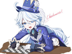 Rule 34 | 1girl, :d, absurdres, ahoge, ascot, asymmetrical gloves, black ascot, black gloves, blue eyes, blue hat, blue jacket, brooch, chess piece, chessboard, chinese commentary, commentary, commentary request, drop-shaped pupils, english commentary, english text, fang, furina (genshin impact), genshin impact, gloves, hair between eyes, hat, highres, holding, holding chess piece, hydro symbol (genshin impact), jacket, jewelry, king (chess), leaning forward, leaning on object, leaning on table, lingerain, long hair, long sleeves, looking at viewer, mismatched gloves, mismatched pupils, mixed-language commentary, multicolored hair, no heterochromia, open mouth, shirt, short shorts, shorts, sidelocks, simple background, sleeves past wrists, smile, solo, streaked hair, symbol-shaped pupils, table, thigh strap, top hat, two-tone hair, very long hair, vision (genshin impact), white background, white gloves, white hair, white shorts, white trim bow