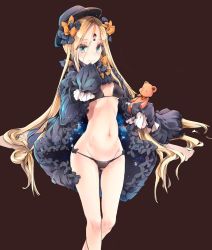 Rule 34 | 1girl, abigail williams (fate), bikini, black bikini, black bow, black dress, black hat, bow, dress, endou okito, fate/grand order, fate (series), forehead, gluteal fold, groin, hand on own chin, hat, highres, keyhole, midriff, navel, orange bow, parted bangs, polka dot, polka dot bow, sleeves past fingers, sleeves past wrists, stomach, stuffed animal, stuffed toy, swimsuit, teddy bear