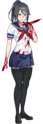 Rule 34 | 1girl, absurdres, ayano aishi, black eyes, black hair, blood, blood on clothes, bloody weapon, full body, highres, kjech, knife, official art, ponytail, smile, solo, thighhighs, transparent background, weapon, yandere, yandere simulator, zettai ryouiki