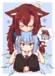Rule 34 | &gt;:), 2girls, :d, animal ear fluff, animal ears, blue background, blue bow, blue eyes, blue hair, blush, border, bow, brown hair, cirno, closed eyes, commentary, disembodied head, eyelashes, hair between eyes, hair bow, ice, ice wings, imaizumi kagerou, long hair, looking at viewer, multiple girls, mundane utility, open mouth, outline, outside border, puffy short sleeves, puffy sleeves, shirt, short hair, short sleeves, simple background, smile, snowflakes, sparkle, thought bubble, tongue, tongue out, touhou, upper body, v-shaped eyebrows, white border, white outline, white shirt, wings, wolf, wolf ears, wool (miwol), x x, yuri, | |