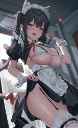 Rule 34 | 1girl, :d, animal ears, apron, black hair, black shirt, black skirt, bra, breasts, bridal garter, cat ears, cat girl, cat tail, cleavage, clothes lift, collared shirt, cowboy shot, extra ears, frilled shirt, frills, garter straps, hand up, highres, kyonta, large breasts, lifted by self, lingerie, long hair, looking at viewer, maid, maid apron, maid headdress, neck ribbon, open mouth, original, red eyes, ribbon, shirt, shirt lift, short sleeves, skindentation, skirt, smile, solo, string bra, tail, thighhighs, thighs, twintails, underwear, waist apron, white bra, white thighhighs, wrist cuffs