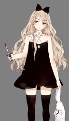 Rule 34 | 1girl, bare shoulders, black bow, black dress, black hairband, black thighhighs, blood, blood drip, bloody weapon, bow, breasts, brown eyes, brown hair, collarbone, cowboy shot, detached collar, dress, grey background, hair bow, hairband, halterneck, highres, holding, holding knife, holding stuffed toy, holding weapon, hoshii hisa, knife, lips, long hair, looking to the side, original, parted lips, pink lips, simple background, sleeveless, sleeveless dress, small breasts, solo, stuffed animal, stuffed rabbit, stuffed toy, teeth, thighhighs, weapon, white bow