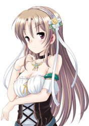Rule 34 | 1girl, aiyoku no eustia, breasts, brown hair, cleavage, collar, collarbone, dress, eris floraria, flower, hair flower, hair ornament, jewelry, long hair, looking at viewer, necklace, purple eyes, simple background, solo, strapless, strapless dress, white background, yoshikita popuri