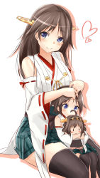 Rule 34 | 10s, 2girls, alternate hair length, alternate hairstyle, bare shoulders, black legwear, blue eyes, blush, boots, breasts, brown hair, character doll, commentary request, detached sleeves, hairband, headgear, heart, hiei (kancolle), highres, if they mated, japanese clothes, kantai collection, kongou (kancolle), large breasts, long hair, looking at viewer, miniskirt, mother and daughter, multiple girls, no legwear, nontraditional miko, personification, plaid, plaid skirt, ribbon-trimmed sleeves, ribbon trim, saku (kudrove), short hair, sitting, skirt, smile, thigh boots, thighhighs, aged down, zettai ryouiki