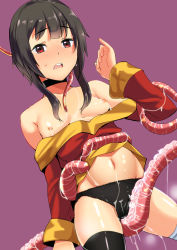 Rule 34 | 1girl, asymmetrical legwear, bandaged leg, bandages, bare shoulders, black hair, black panties, breasts, breasts out, commentary request, dress, highres, kono subarashii sekai ni shukufuku wo!, megumin, nipples, open mouth, panties, partial commentary, purple background, red dress, red eyes, restrained, short hair with long locks, simple background, single thighhigh, solo, tentacles, thighhighs, tirasi (so), underwear