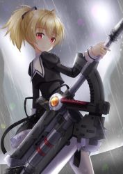 Rule 34 | 1girl, ahoge, andou tazusa, assault lily, black ribbon, black skirt, blonde hair, blurry, blurry background, closed mouth, commentary request, cowboy shot, cropped jacket, expressionless, frilled skirt, frills, from behind, gungun (hakutou7887), hair between eyes, hair ribbon, hand up, high-waist skirt, holding, holding weapon, jewelry, juliet sleeves, lens flare, light blush, long sleeves, looking at viewer, looking back, miniskirt, outdoors, overcast, pantyhose, ponytail, puffy sleeves, rain, red eyes, ribbon, ring, school uniform, short hair, skirt, sky, solo, standing, water drop, weapon, weapon behind back, wet, wet hair, white pantyhose, yurigaoka girls academy school uniform