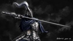 Rule 34 | 1boy, absurdres, armor, artorias the abysswalker, blue cape, cape, commentary request, dark souls (series), dark souls i, derrick gear up, full armor, gauntlets, helmet, highres, holding, holding sword, holding weapon, knight, korean commentary, looking to the side, male focus, pauldrons, plume, shoulder armor, signature, solo, sword, weapon