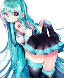 Rule 34 | 1girl, absurdres, alternate hairstyle, aqua eyes, aqua hair, aqua nails, aqua necktie, asymmetrical legwear, bare shoulders, bent over, black skirt, black sleeves, black thighhighs, blush, commentary request, cowboy shot, from behind, hair between eyes, hair down, hatsune miku, highres, holding, holding clothes, koyubisennti, long hair, looking at viewer, looking back, miniskirt, mouth hold, nail polish, necktie, necktie in mouth, number tattoo, shirt, shoulder tattoo, signature, skirt, sleeveless, sleeveless shirt, unworn sleeves, solo, sweatdrop, tattoo, thighhighs, thighs, undressing, uneven legwear, very long hair, vocaloid, white background