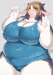 Rule 34 | 1girl, belly, blush, breasts, brown eyes, brown hair, cow girl, cowboy shot, fat, female focus, furry, horns, huge breasts, kishibe, long hair, looking at viewer, one-piece swimsuit, sheep, solo, standing, swimsuit, tail, thick thighs, thighs, w arms
