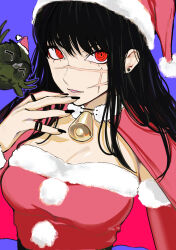 Rule 34 | 1girl, 1other, bell, black hair, black nails, breasts, capelet, chainsaw man, cleavage, cross scar, dress, earrings, facial scar, fur-trimmed capelet, fur-trimmed dress, fur-trimmed sleeves, fur trim, gloves, hat, highres, jewelry, long hair, looking at viewer, medium breasts, neck bell, purple background, red capelet, red dress, red eyes, red gloves, ringed eyes, sailen0, santa dress, santa hat, scar, scar on cheek, scar on face, simple background, solo focus, stud earrings, war devil (chainsaw man), yoru (chainsaw man)