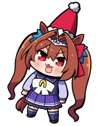 Rule 34 | 1girl, :3, :d, bow, bowtie, brown footwear, brown hair, chibi, daiwa scarlet (umamusume), fang, frilled skirt, frills, hair bow, hair intakes, highres, long hair, looking at viewer, open mouth, pleated skirt, plover, purple serafuku, purple shirt, purple skirt, purple thighhighs, red bow, red eyes, sailor collar, sailor shirt, school uniform, serafuku, shirt, simple background, skirt, smile, solo, thighhighs, tiara, tracen school uniform, twintails, umamusume, very long hair, white background, white bow, white bowtie