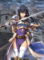 Rule 34 | 1girl, armor, ayra (fire emblem), bag, belt, black hair, breastplate, company name, copyright name, dress, fingerless gloves, fire emblem, fire emblem: genealogy of the holy war, fire emblem cipher, gloves, holding, holding sword, holding weapon, i-la, long hair, nintendo, outdoors, purple dress, purple eyes, shoulder armor, shoulder bag, standing, sword, thighhighs, weapon, white thighhighs