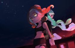 Rule 34 | 2girls, aqua hair, back-to-back, bad id, bad pixiv id, black skirt, black vest, breasts, cleavage, closed mouth, crop top, floating hair, highres, holding hands, inkling, inkling girl, inkling player character, interlocked fingers, long hair, long sleeves, miniskirt, multiple girls, navel, night, night sky, nintendo, octoling, octoling girl, octoling player character, open clothes, open vest, pencil skirt, pink eyes, red hair, skirt, sky, smile, splatoon (series), splatoon 2, splatoon 2: octo expansion, squidbeak splatoon, star (sky), starry sky, suction cups, urutora, vest, yellow eyes