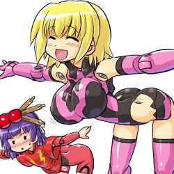 Rule 34 | . ., 10s, 2girls, :d, ^ ^, artille, bad id, bad pixiv id, bent over, blonde hair, blue hair, blush, bouncing breasts, breast envy, breasts, busou shinki, closed eyes, dd (ijigendd), doll joints, closed eyes, joints, kohiru, large breasts, looking at breasts, mecha musume, multiple girls, open mouth, outstretched arms, short hair, smile, spread arms, thighhighs