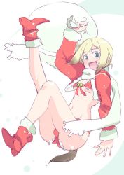 Rule 34 | 1girl, bikini, blonde hair, boots, christmas, dog tail, erica hartmann, santa costume, scarf, short hair, solo, strike witches, swimsuit, tail, touge hiro, world witches series