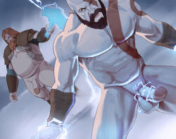 Rule 34 | 2boys, abs, armor, bara, beard, belly, braid, braided beard, closed mouth, completely nude, crispyy art, electricity, electrokinesis, electrostimulation, erection, facial hair, fat, fat man, feet out of frame, frown, glowing, glowing weapon, god of war ragnarok, half-erect, hammer, highres, holding, holding hammer, kratos (god of war), large pectorals, legs apart, long beard, long hair, looking at another, male focus, mature male, multiple boys, muscular, muscular male, navel, nipples, no nipples, norse, nude, old, old man, pectorals, perspective, short hair, shoulder armor, sideburns, stomach, strongman waist, thick mustache, thick thighs, thighs, thor (god of war), weapon, yaoi