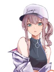 Rule 34 | 1girl, absurdres, aqua eyes, ar-57 (girls&#039; frontline), bare shoulders, baseball cap, black shirt, breasts, clothes pull, commentary, crop top, ear piercing, earrings, girls&#039; frontline, hat, highres, jacket, jacket pull, jewelry, lithographica, long hair, looking at viewer, medium breasts, open clothes, open jacket, open mouth, piercing, pink hair, shirt, side ponytail, sidelocks, solo, teeth, upper body, upper teeth only, white background, white hat, white jacket